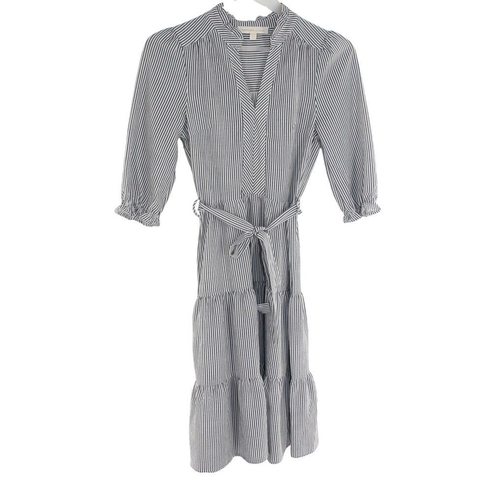 Monteau Los Angeles Tiered Midi Dress Striped Tie Waist Small Blue White